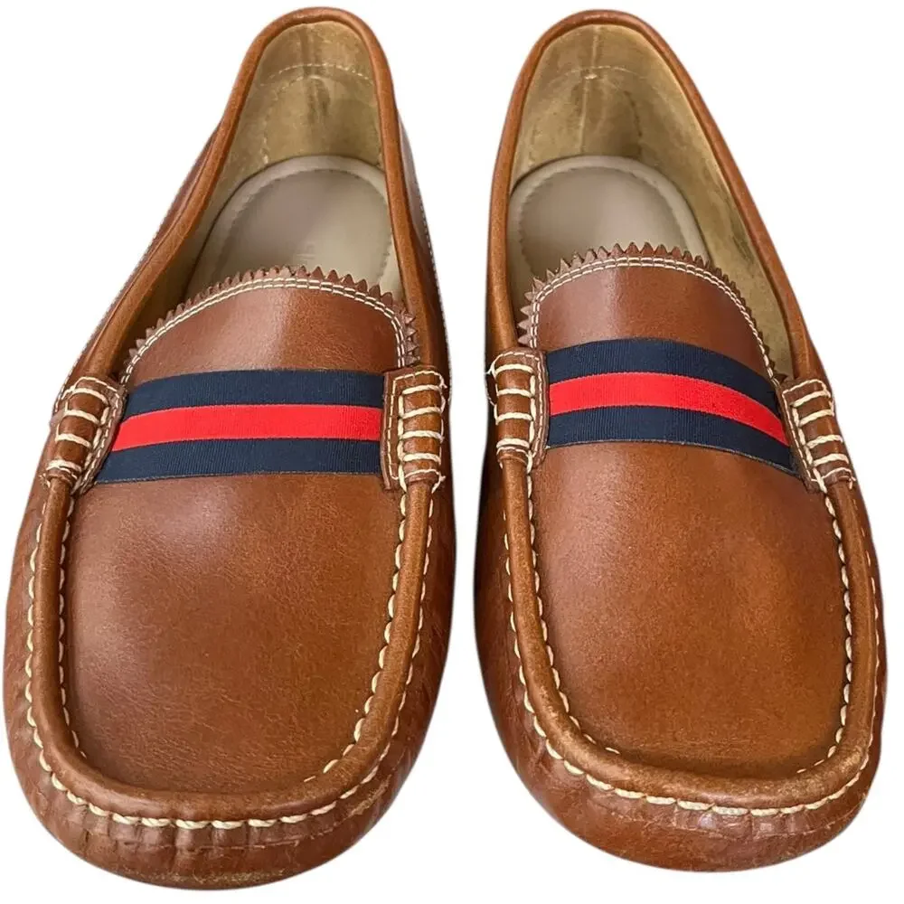Elephantito Leather Club Loafer Natural Brown Navy Red Ribbon Boy's Size 2